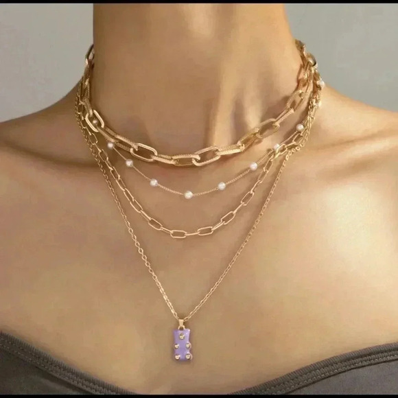 🆕Stitching Necklace Fashion Purple Bear Multi-layer🆕 - Picture 1 of 6
